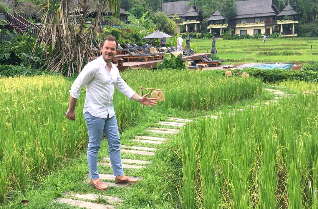 posing in the rice paddies at Four Seasons Chiang Mai